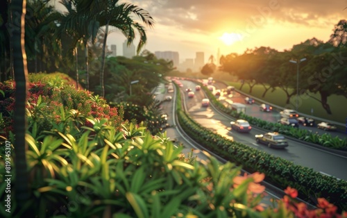 Highway at sunset with bustling traffic and lush greenery. © Tui