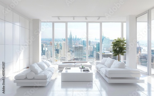 Bright  airy living room with minimalistic white decor and expansive city views.