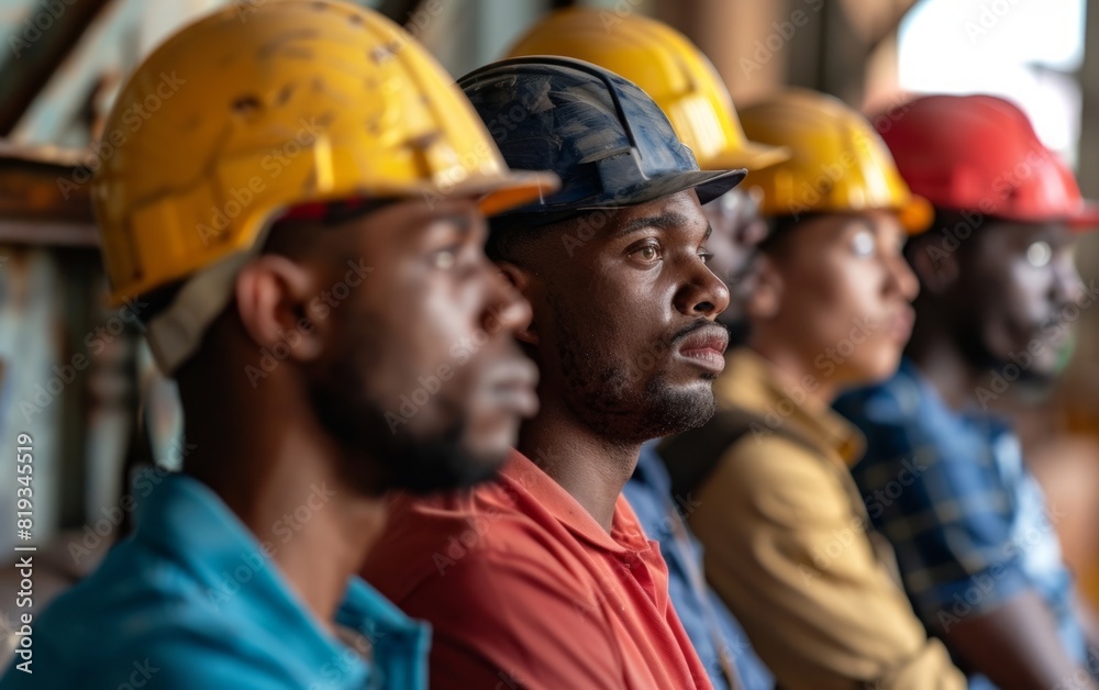 Diverse group of workers in helmets focus attentively ahead.