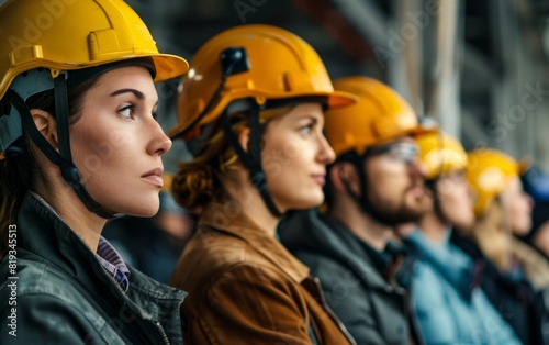 Diverse group of workers in helmets focus attentively ahead.