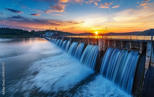 Hydroelectric dam at sunset, water cascading, serene landscape beyond.