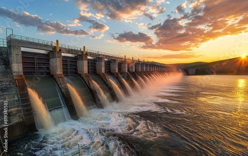 Hydroelectric dam at sunset, water cascading, serene landscape beyond.