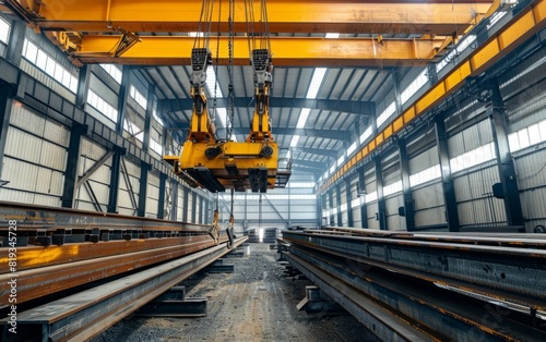 Industrial crane lifting steel beams inside a large warehouse