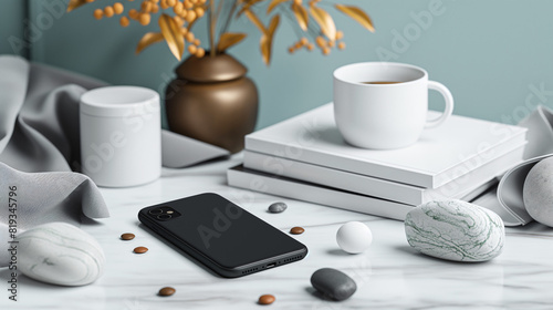 A modern phone rests on a sleek table, alongside a steaming cup of coffee, creating a juxtaposition of contemporary technology and cozy warmth