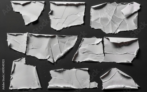 Various torn paper pieces isolated on black background. photo