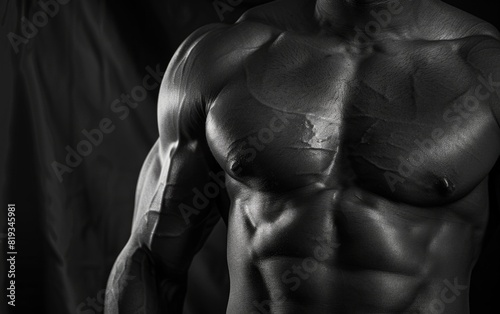 Dramatic monochrome image of a muscular male torso.