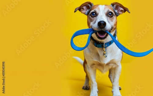 Jack Russell terrier with a blue leash in its mouth against a yellow background. photo