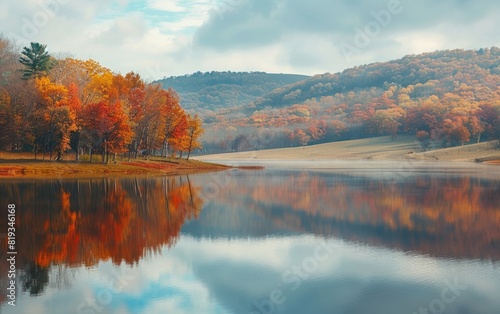 Calm lake reflecting vibrant autumn foliage on rolling hills.