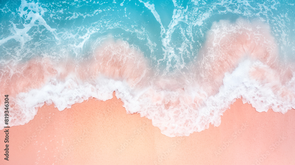 Top view of an amazing beach with pastel pink and blue hues, featuring ample copy space for text or design