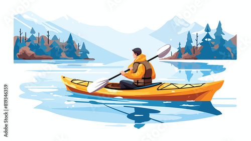 Winter kayaking. Person travels outdoors sitting in