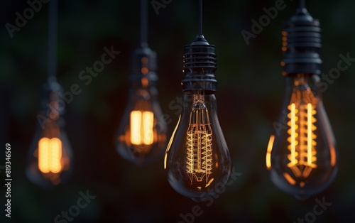 Edison bulbs hanging in darkness with glowing filaments.