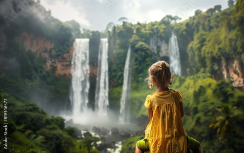 Child on shoulders, marveling at a grand waterfall amid lush cliffs.