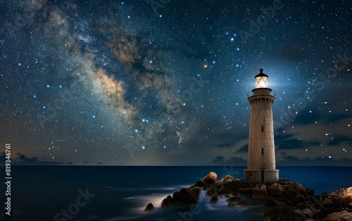 Lighthouse beacon shining over a sea against a starry night sky.