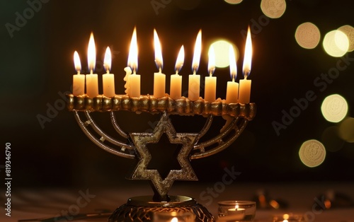Lit menorah with glowing candles and a Star of David in warm light. © Tui