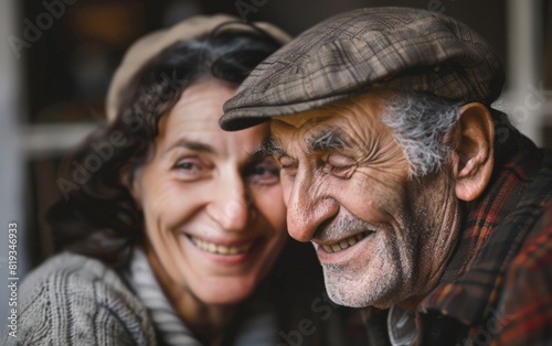 Elderly man in a cap smiling with a middle-aged woman.