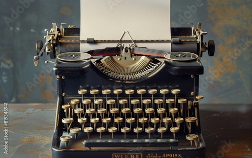 Vintage black typewriter with a blank sheet of paper. photo