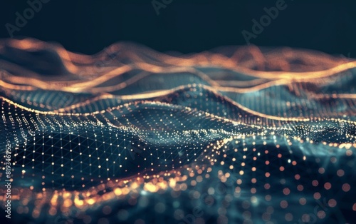 Luminous digital landscape with interconnected nodes and flowing lines on a dark background. © Tui
