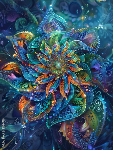 A vividly detailed psychedelic flower with a luminous effect