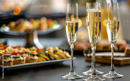 Elegant buffet with champagne flutes and gourmet appetizers. photo