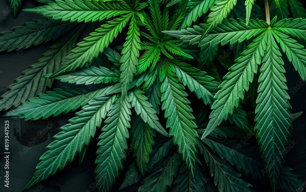 Lush green cannabis leaves against a dark background.