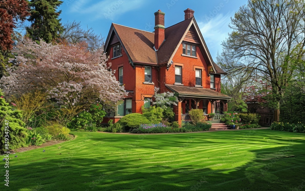 Elegant red brick house with lush green lawn and blooming tree.