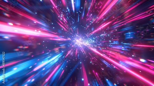 Neon hyper flight through hyperspace stars  time warp travel in space. Conceptual illustration of futuristic journey