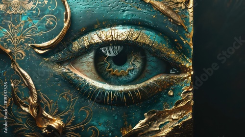 Mystical eye on a book cover with gold and teal details photo