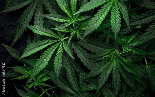 Lush green cannabis leaves against a dark background.