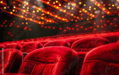 Elegant red velvet theater seats under a ceiling with glowing lights.