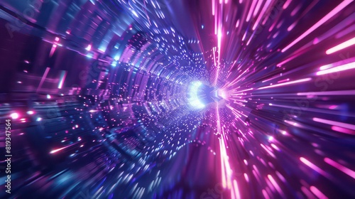 Neon hyper flight through hyperspace stars, time warp travel in space. Conceptual illustration of futuristic journey photo