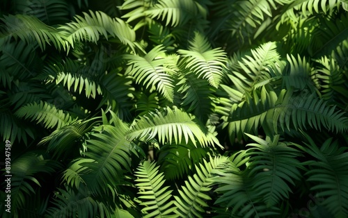 Lush green ferns with intricately detailed fronds in a shadowy underbrush.