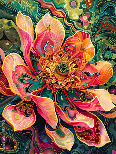 A vividly detailed psychedelic flower with a luminous effect