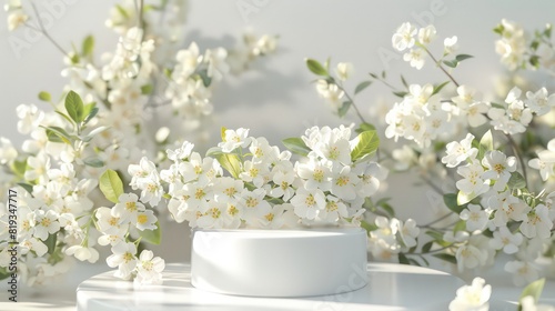 Podium flower product white 3d spring table beauty stand display nature white. Garden floral background cosmetic field scene gift day photo