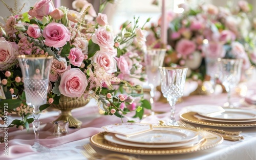 Elegant wedding table setting with pink floral centerpiece and golden accents.