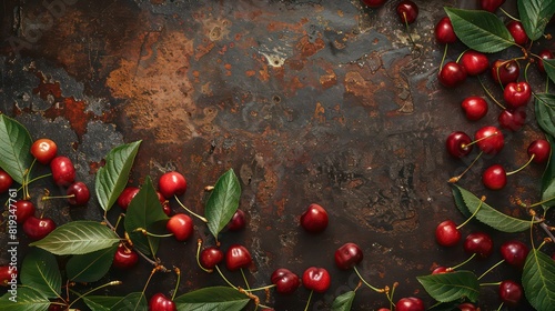 Ripe red cherries with green leaves scattered on a rustic dark brown surface, offering abundant textures photo