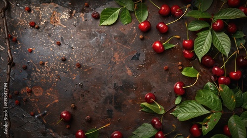 Ripe red cherries with green leaves scattered on a rustic dark brown surface, offering abundant textures photo