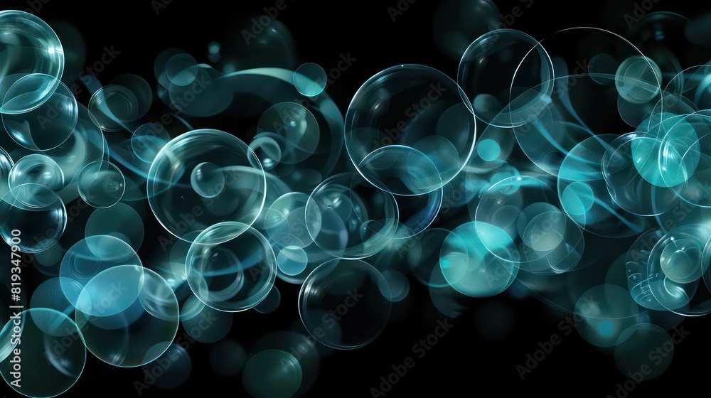 Seamless background with cyan transparent glowing circles transparent bubbles in random order on dark
