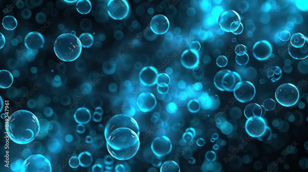 Seamless background with cyan transparent glowing circles transparent bubbles in random order on dark