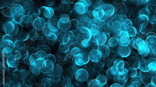 Seamless background with cyan transparent glowing circles transparent bubbles in random order on dark photo