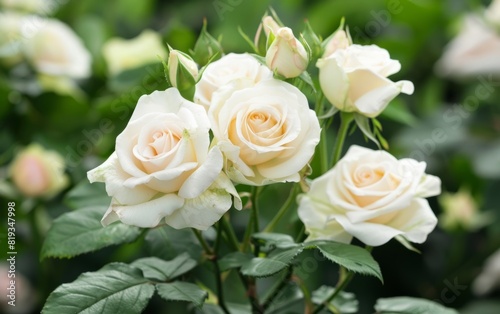 Elegant white roses with gentle petals and fresh green leaves.