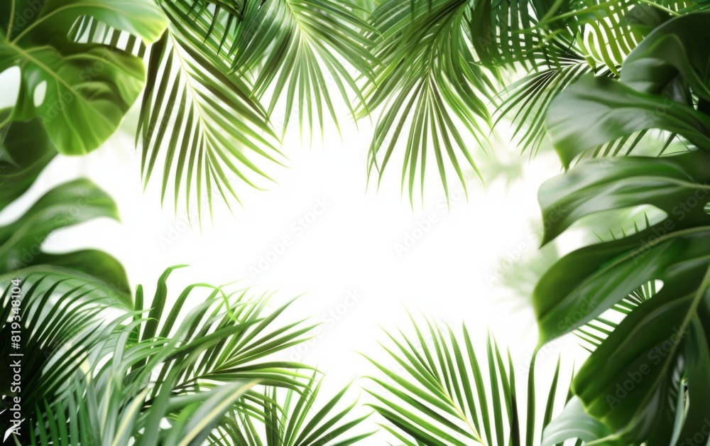 Lush green palm leaves framing a clear white background.