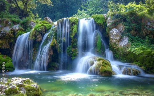 Lush waterfall cascading over mossy rocks into a serene pool.