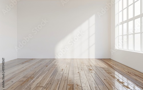 Empty white room with a polished wooden floor and plain walls.