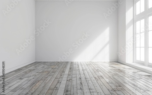 Empty white room with a polished wooden floor and plain walls.