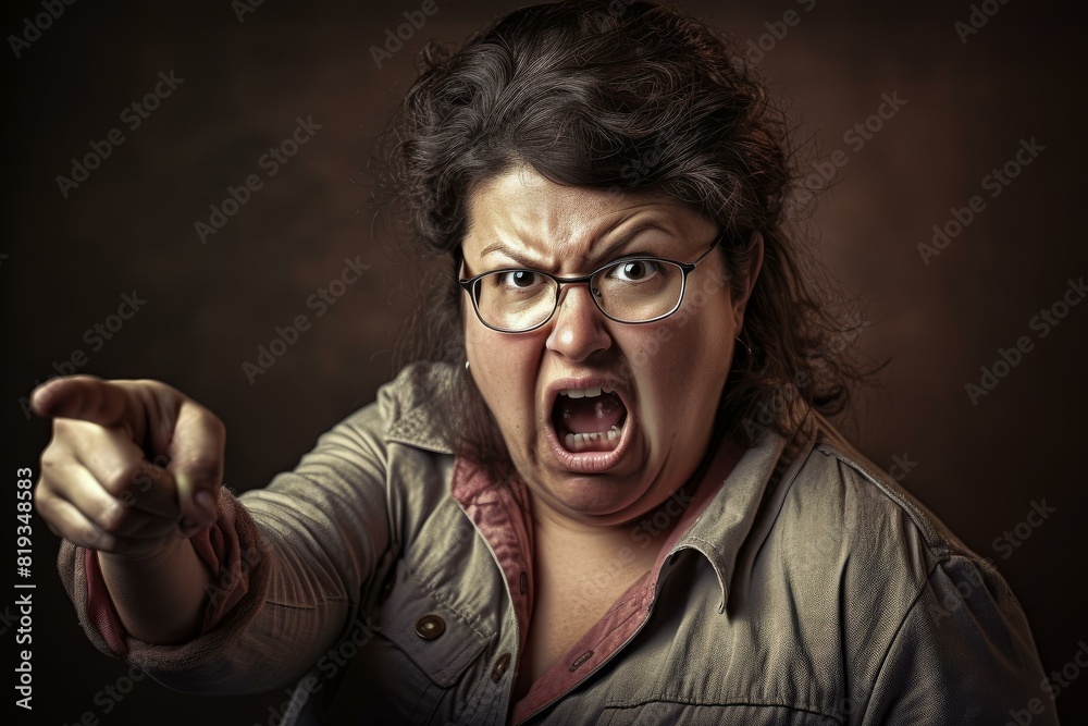 Fototapeta premium Angry teacher shouting and pointing finger in frustration, conveying intense emotion and authority in classroom setting