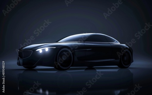 Luxury car with sleek lines and luminous headlights in a dark setting.