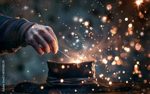 Magician casting sparkling stars from a hat with a magic wand. © Tui
