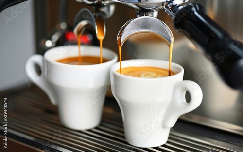 Espresso pours into white cups from a shiny coffee machine.