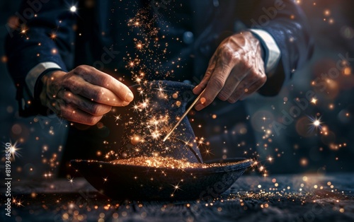 Magician casting sparkling stars from a hat with a magic wand.