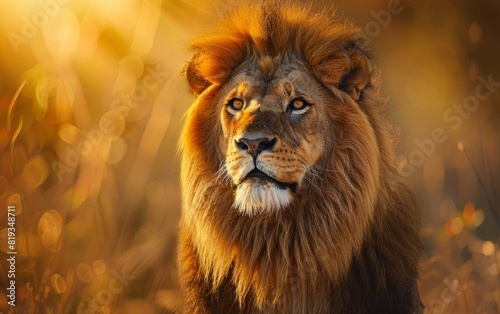 Majestic lion stands proudly in golden savannah light.